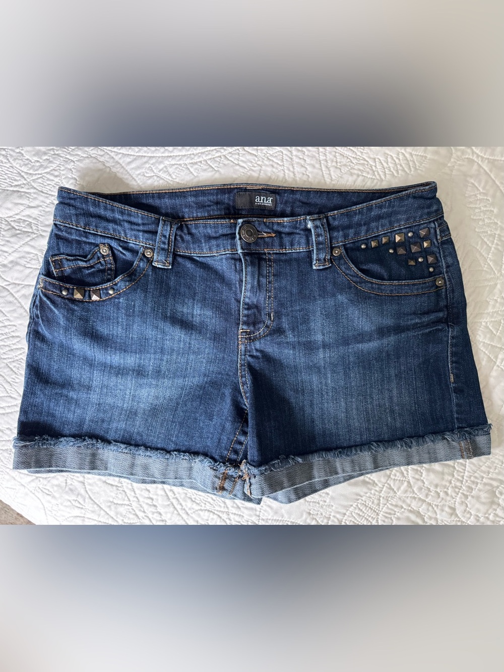 a.n.a Dark Blue Denim Studded Pockets Fringe Hem Women's Jean Shorts